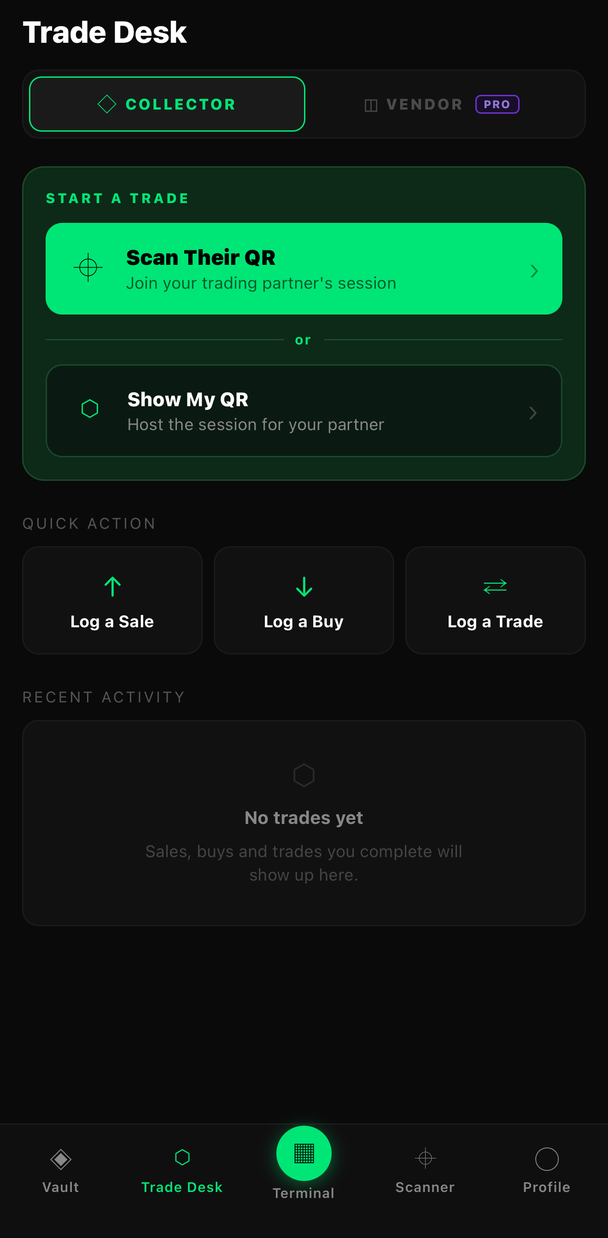SYND Trade Desk — Scan QR / Show QR handshake protocol and quick trade actions